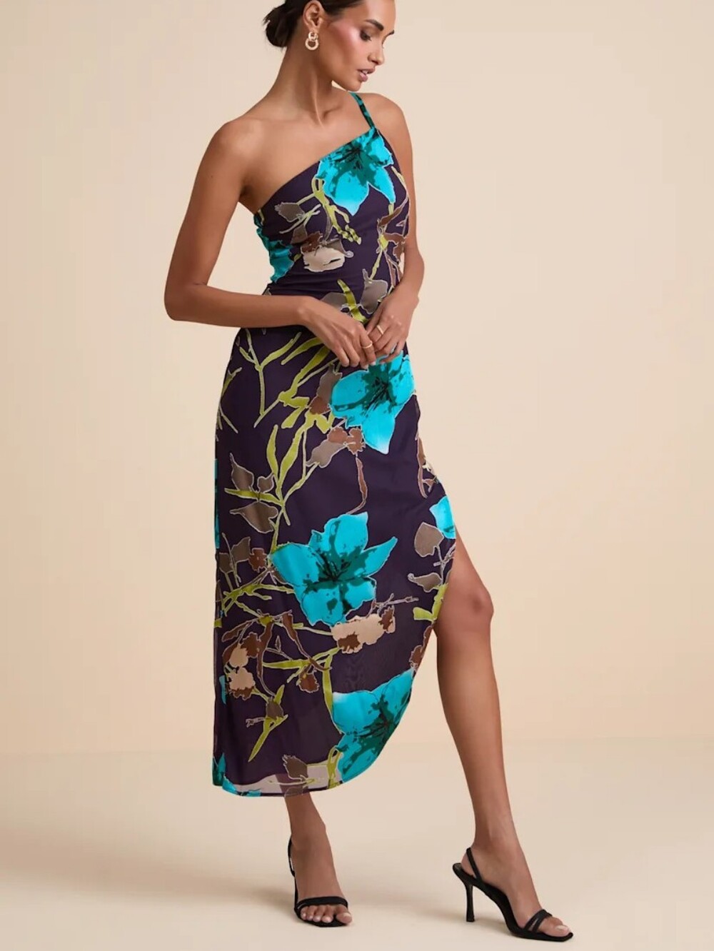 Lulu's Teal Floral One-Shoulder Midi Dress